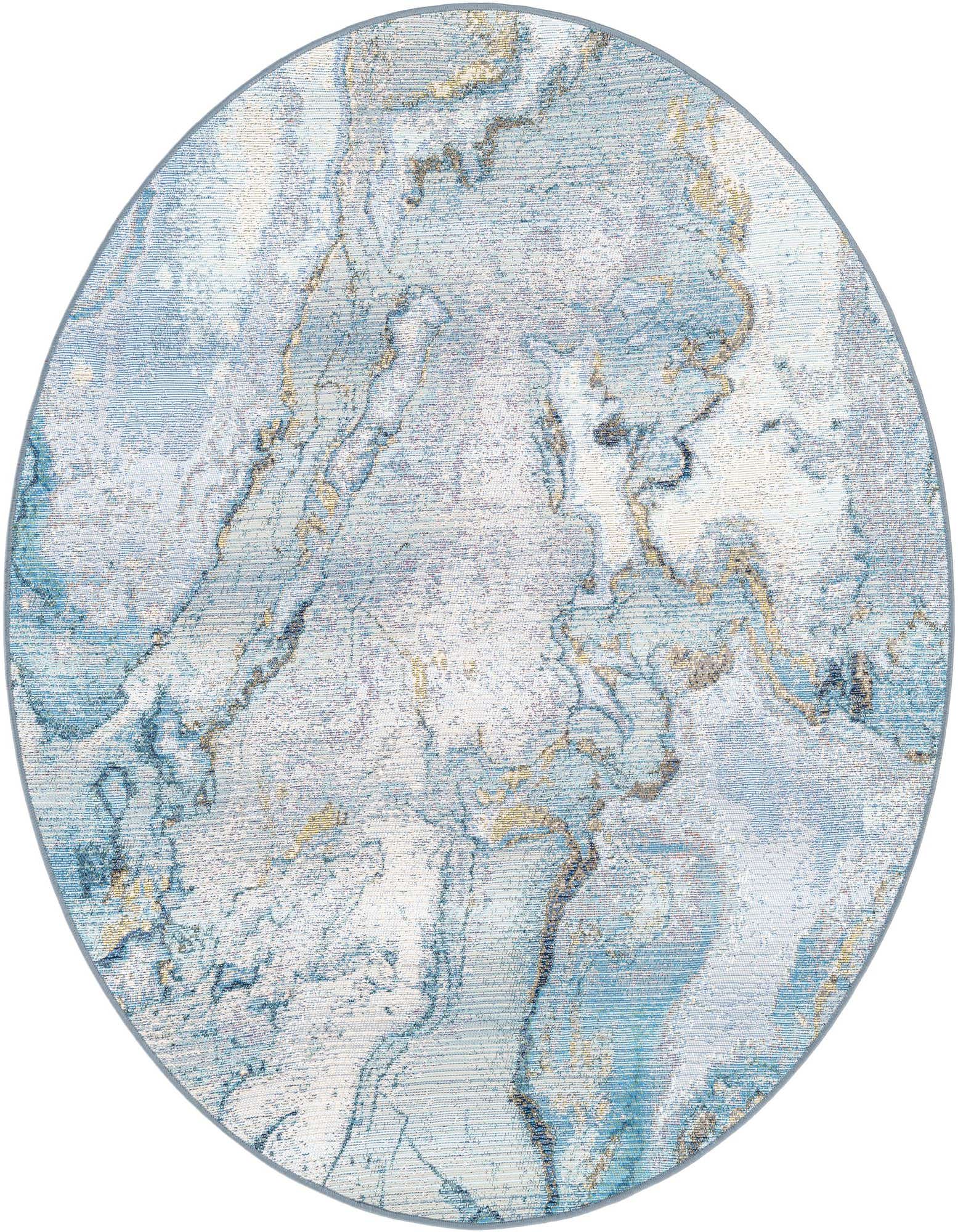 A round 5' 3 x 5' 3 blue and ivory abstract rug with gold accents, suitable for indoor or outdoor use.