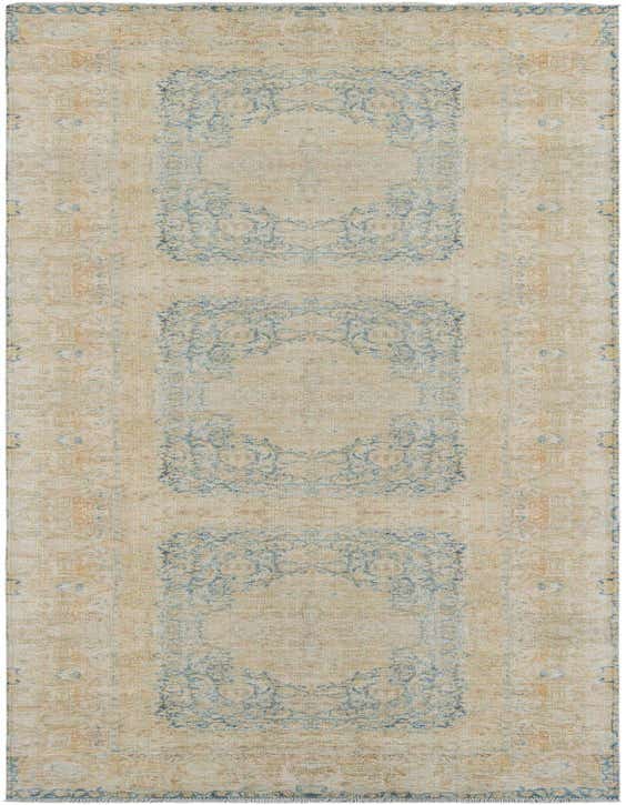 A 12 ft runner rug in blues and ivories/creams, featuring a faded traditional medallion pattern, ideal for a hallway.