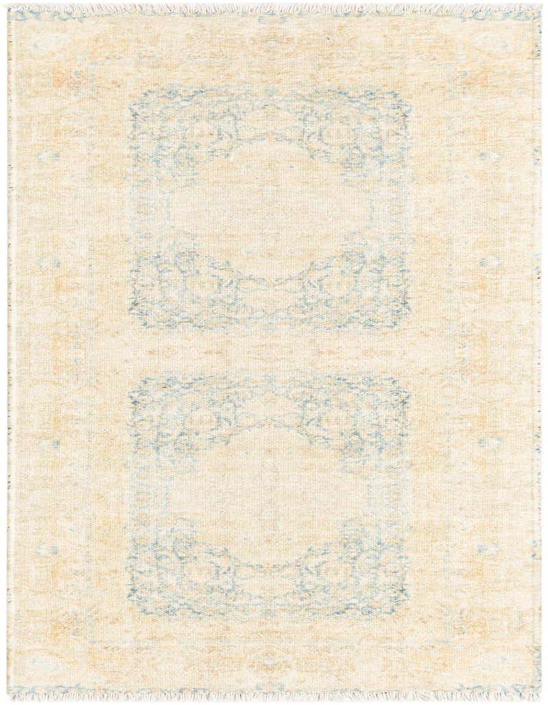 A 5 ft runner rug in blues and ivories with a traditional medallion pattern and fringe, ideal for hallways.