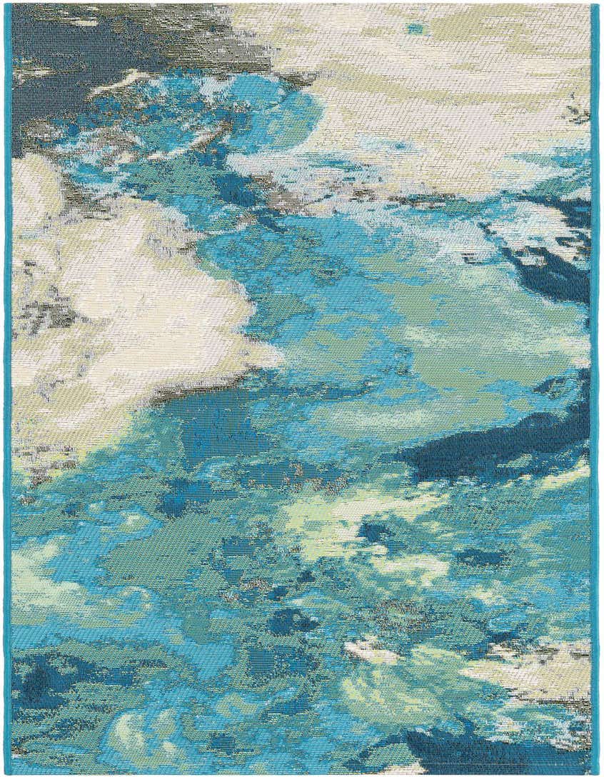 A 5 ft runner rug with an abstract, coastal pattern in various shades of blue, teal, and cream, suitable for a hallway or patio.