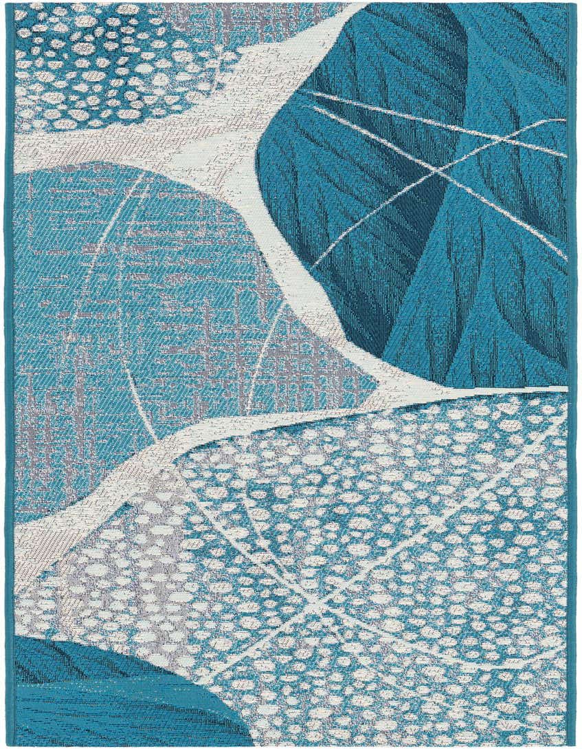 A 5 ft runner rug featuring a modern abstract design with shades of blue and ivory, ideal for a hallway or patio.