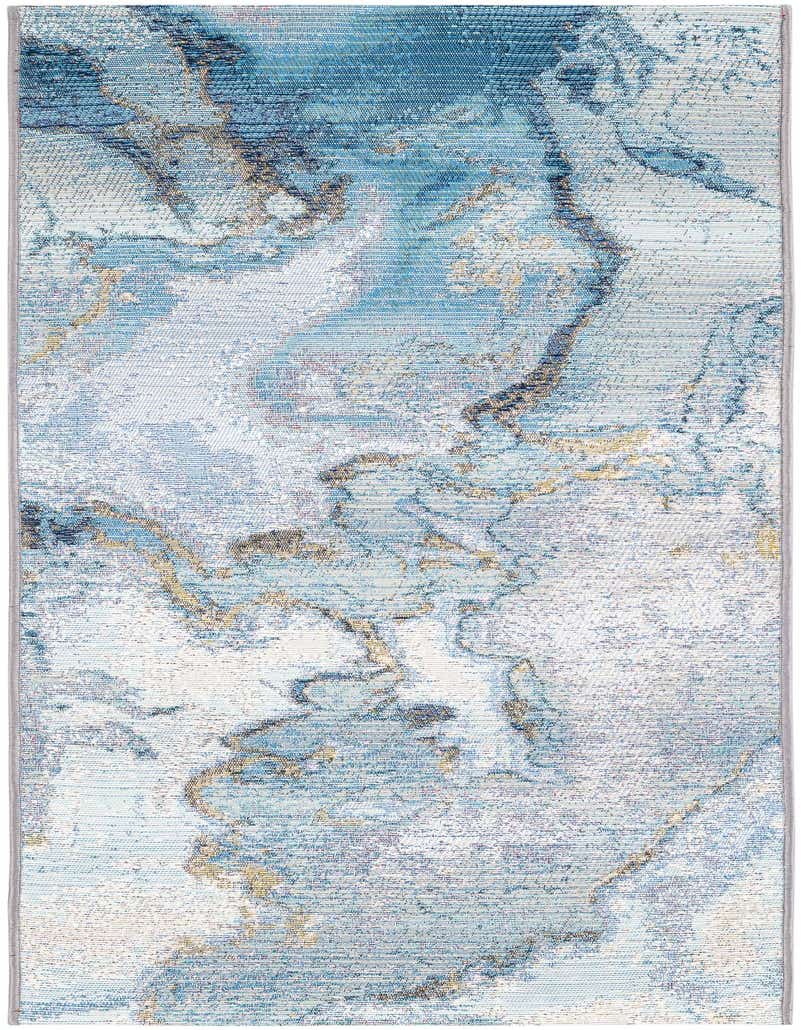 A 5 ft runner rug with an abstract modern pattern in shades of blue, ivory, and cream, featuring gold-toned accents.