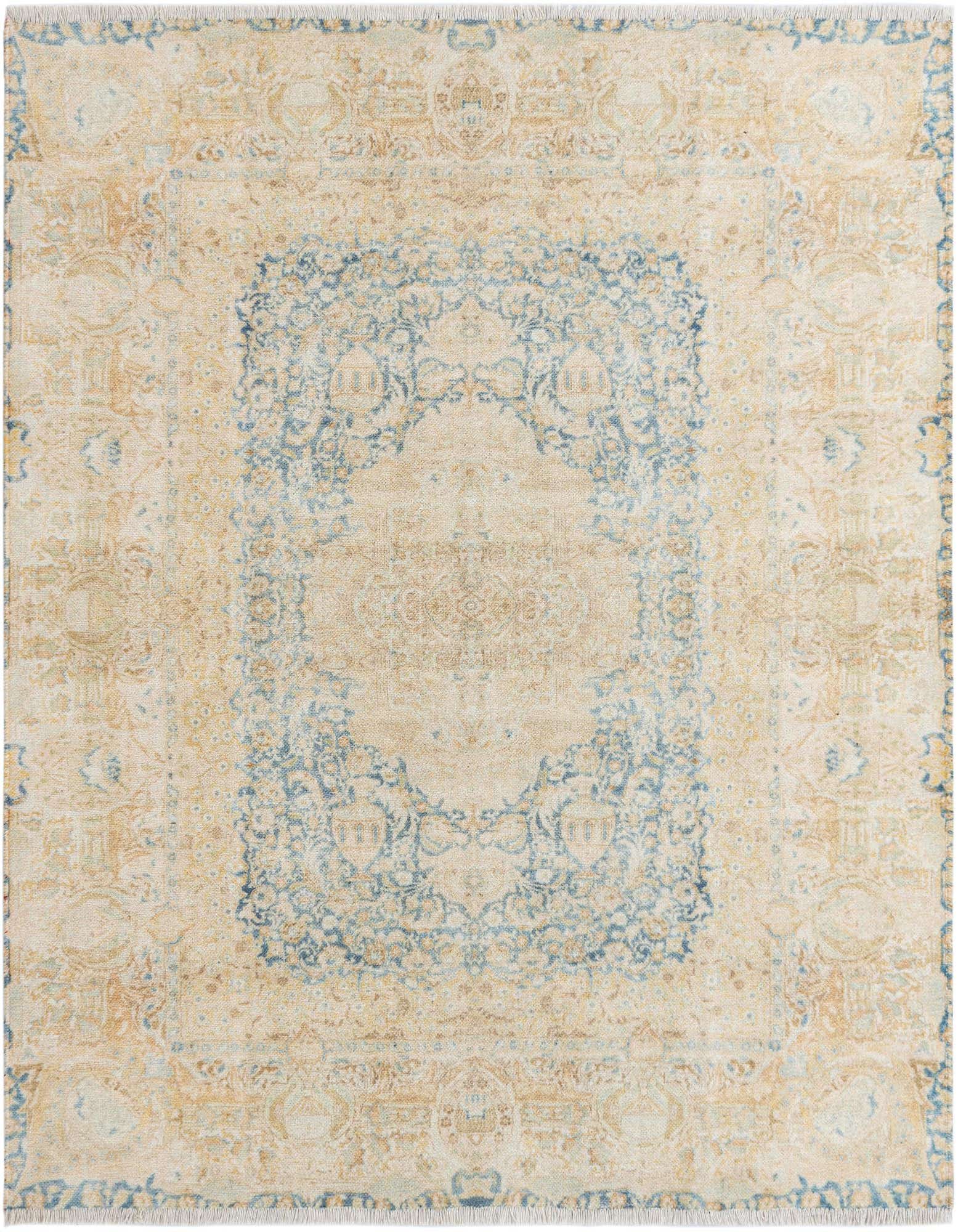 A square 5'1" x 5'1" Rugs.com Boutique rug featuring a faded traditional medallion pattern in blues and ivories/creams.