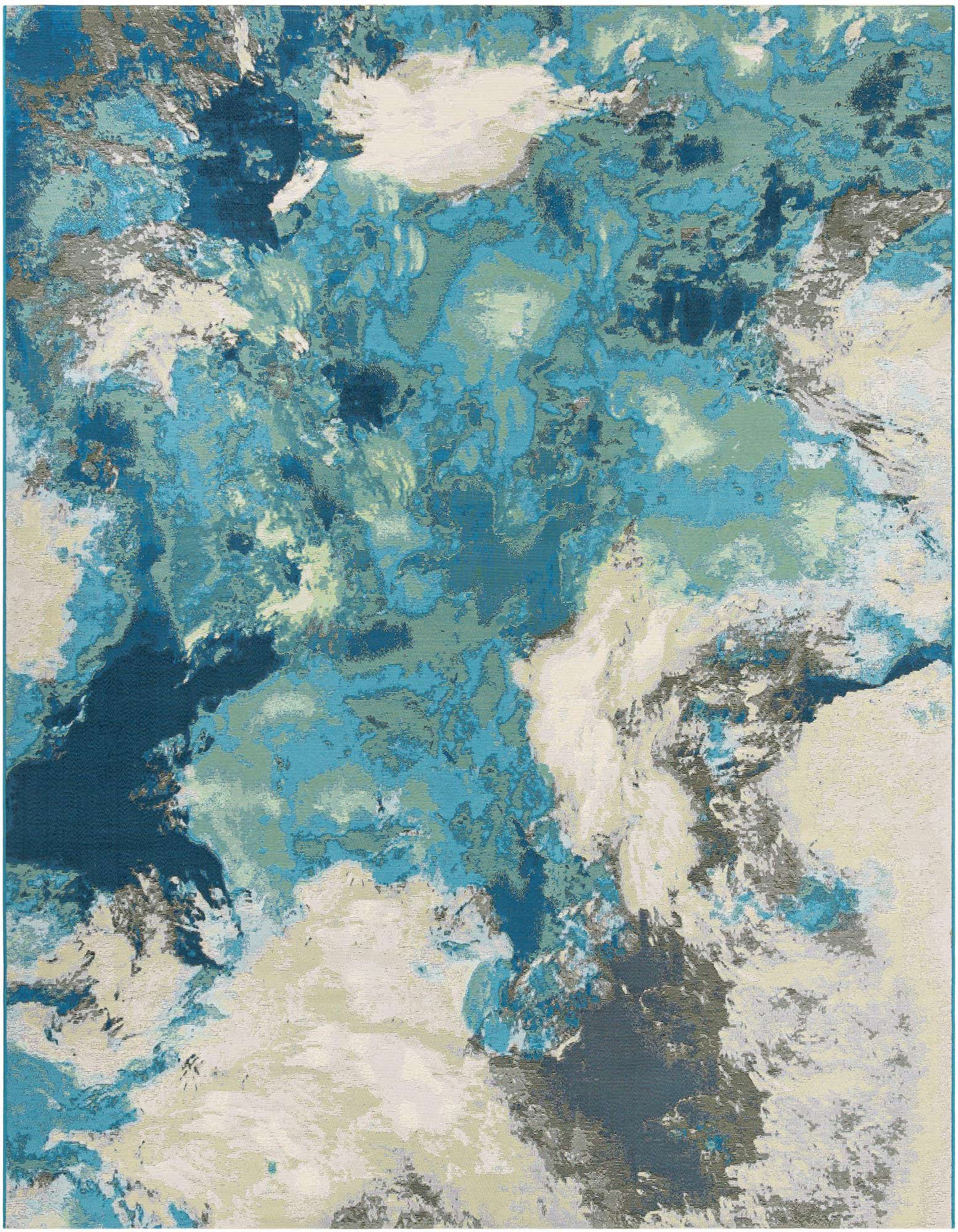 A 10' 0 x 10' 0 square abstract rug with swirling blues, ivories, and creams, evoking a modern coastal feel.