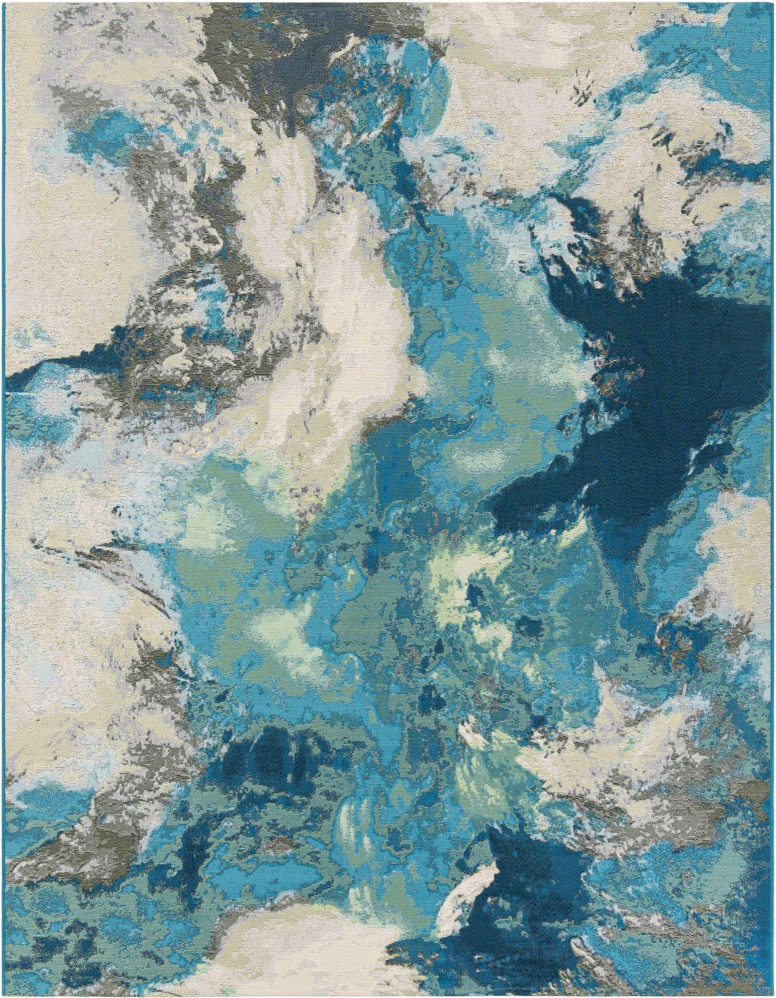 A 7'10" x 7'10" square indoor/outdoor rug with an abstract pattern in varying shades of blue, ivory, and cream, resembling ocean waves or clouds.