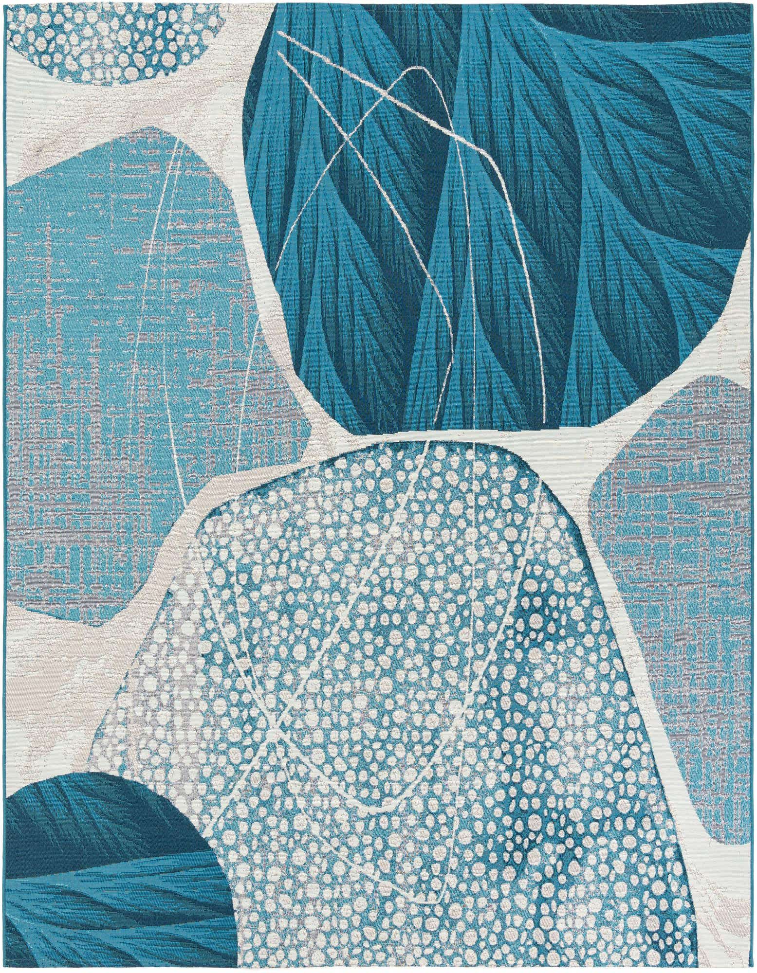 A square Rugs.com Outdoor Modern rug featuring an abstract coastal pattern in varying shades of blue, ivory, and cream.