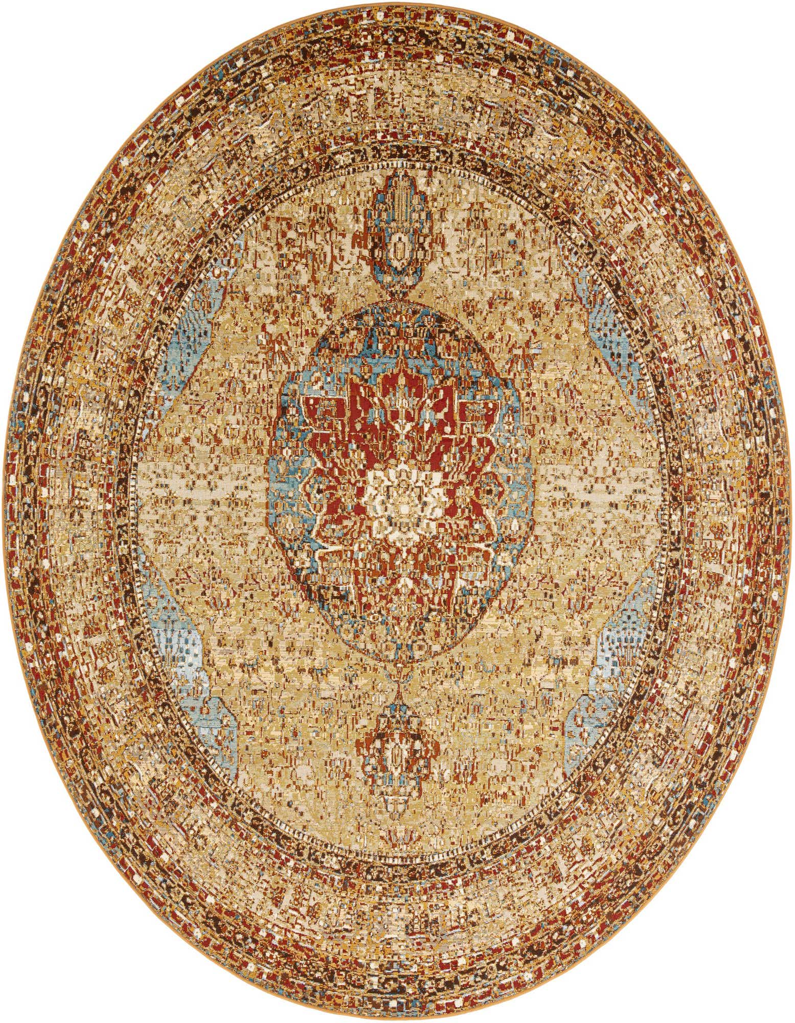 A 10-foot round blue and light brown traditional medallion rug with a textured flatweave pile, suitable for indoor or outdoor use.