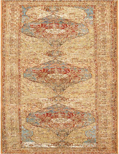 A 12 ft runner rug featuring a distressed traditional medallion pattern in blue, red, and light brown tones, suitable for a hallway or patio.