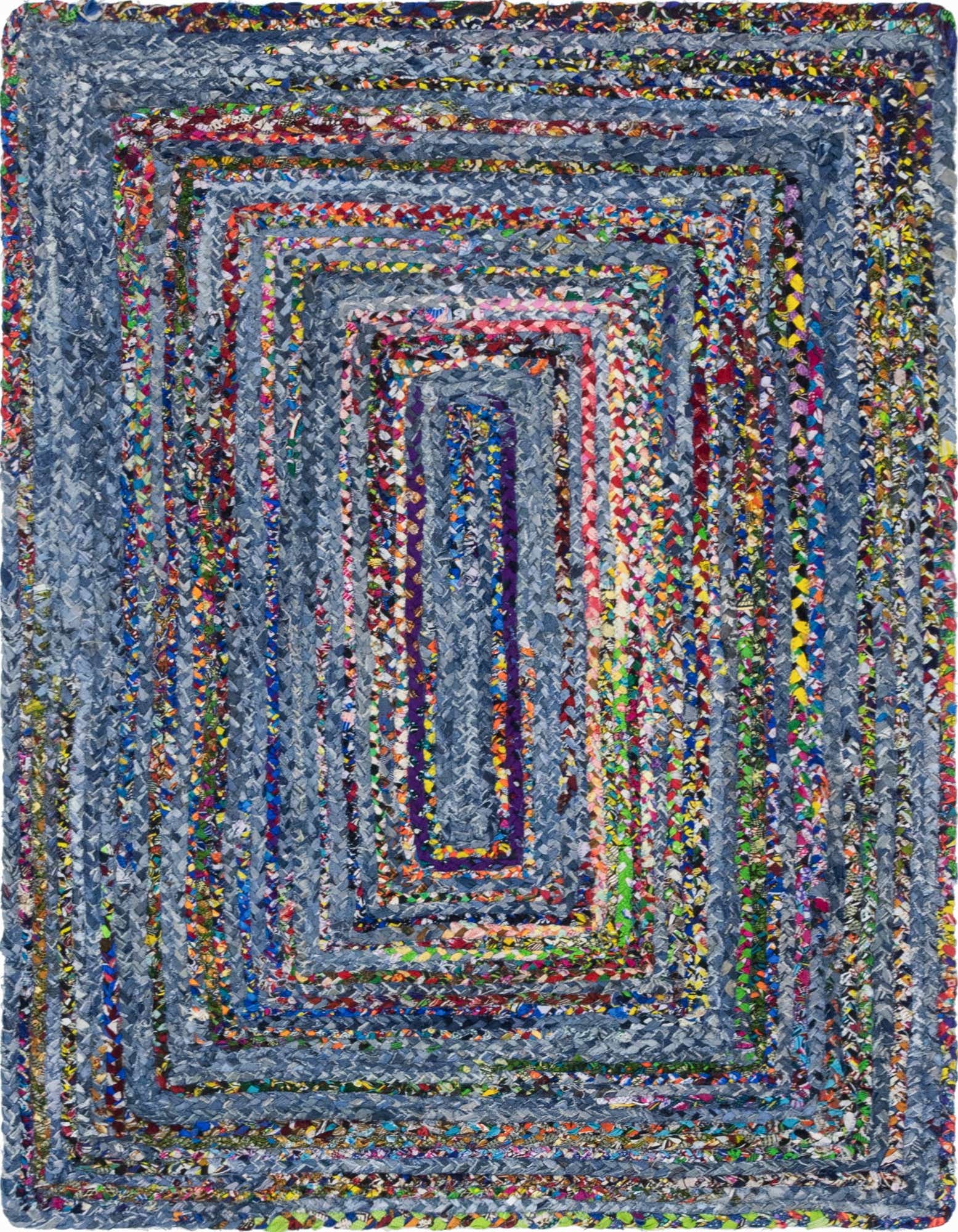 A 4x6 rectangular Braided Chindi rug featuring a blue denim border and a vibrant multi-colored braided center.