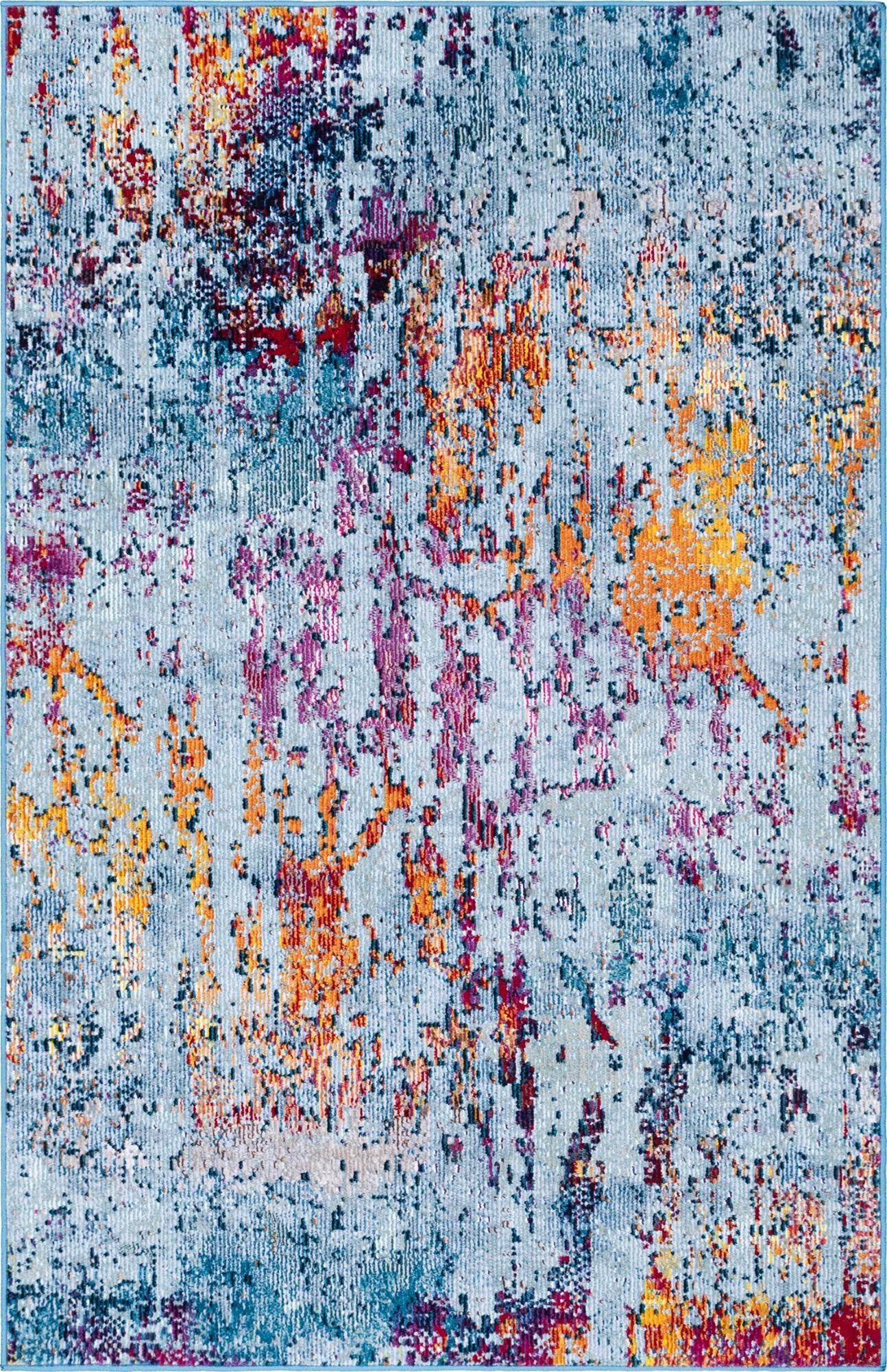 A 4x6 rectangular Starlight rug featuring an abstract, distressed pattern in shades of blue, orange, red, and purple.