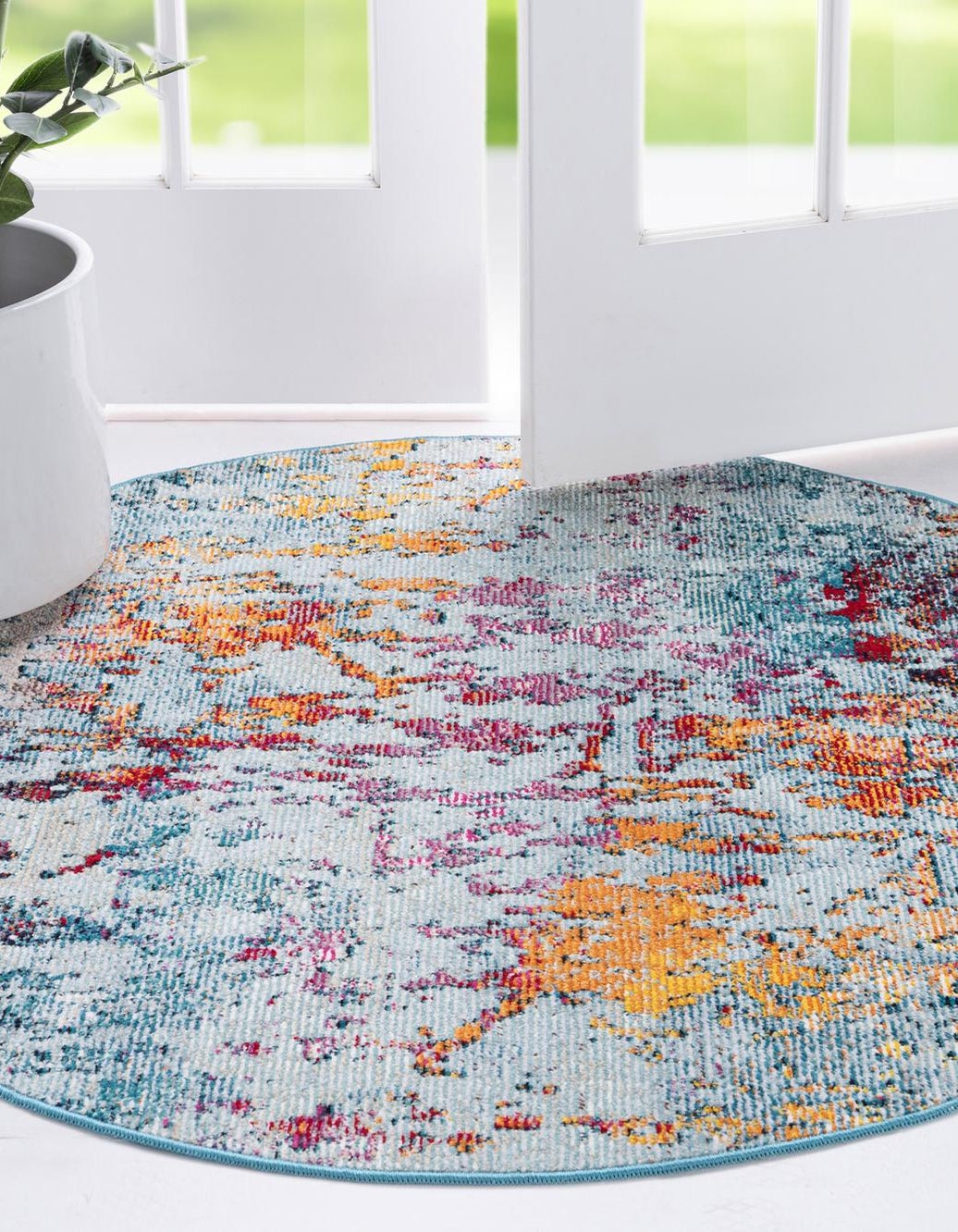 Blue and Multicolor 7' x 7' Starlight Round Rug | Rugs.com
