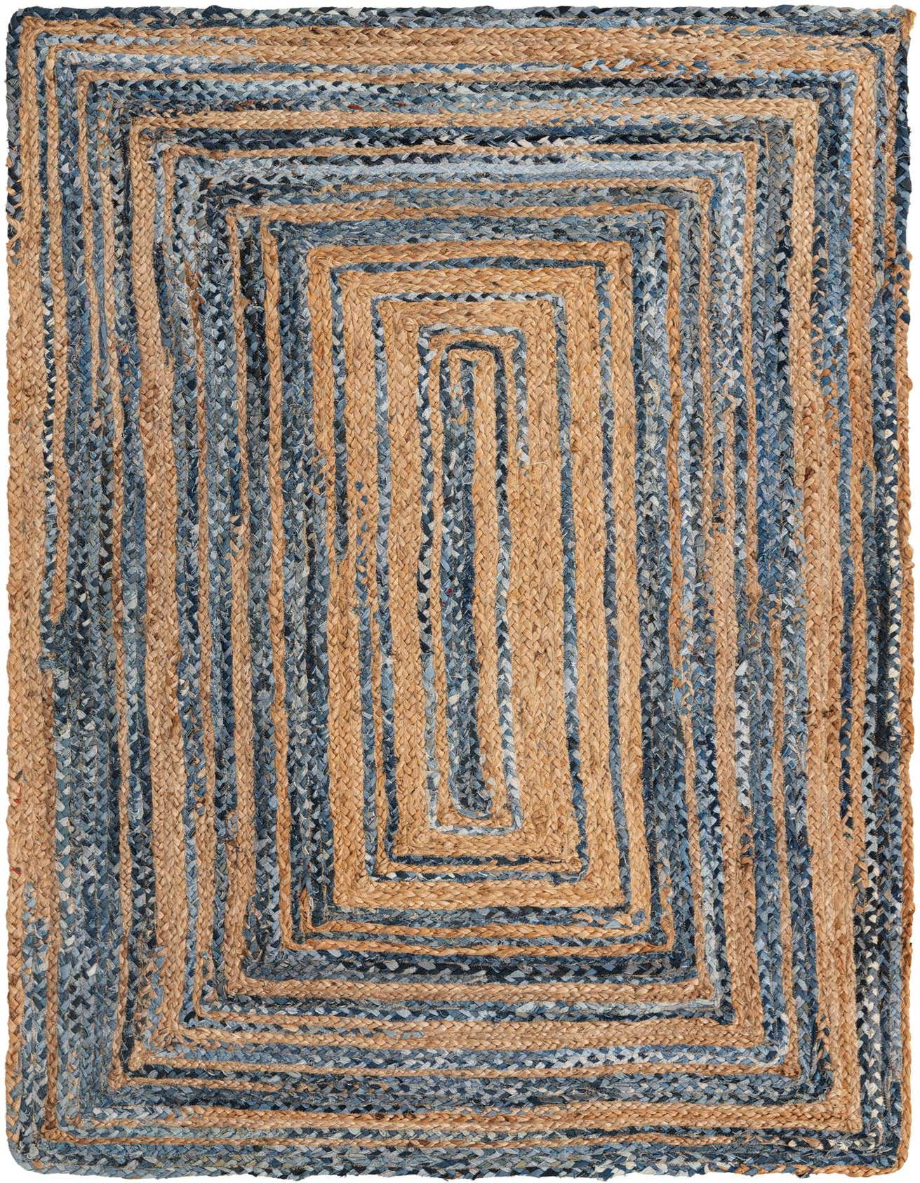 A 5x8 rectangular Braided Chindi rug featuring alternating stripes of natural jute and blue denim, creating an eclectic, textured pattern.