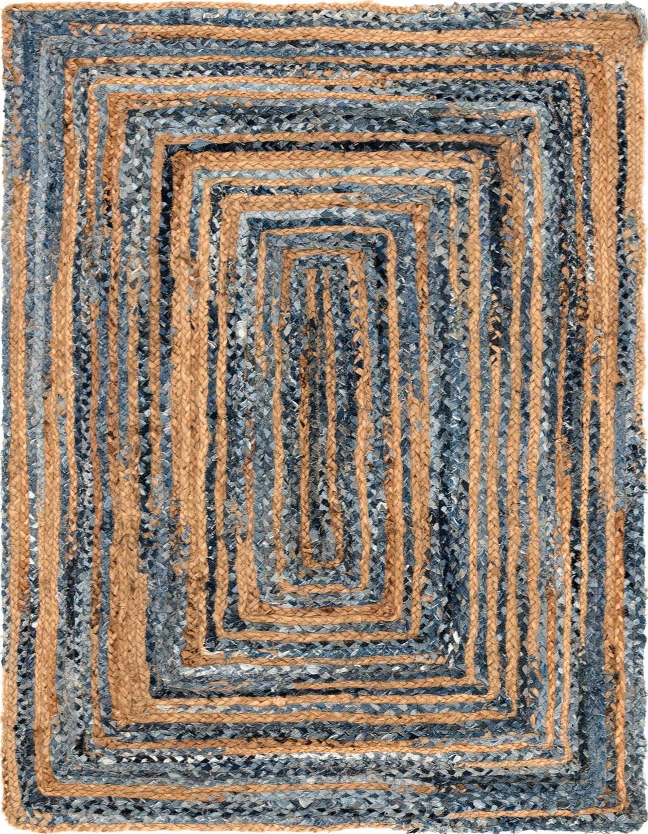 A 4x6 rectangular blue and natural braided chindi rug, handmade from recycled denim cotton and jute, featuring a striped pattern.