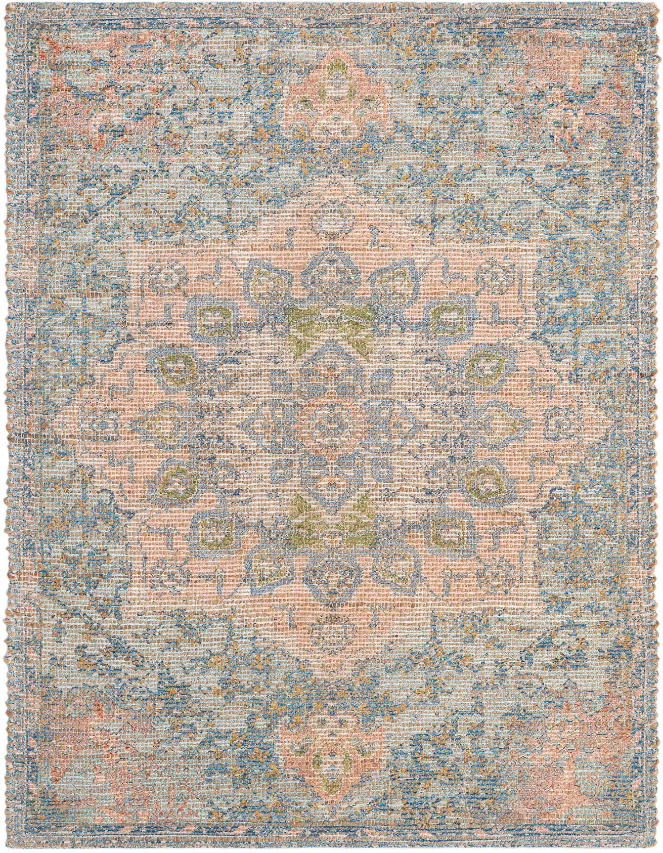 A 2x3 rectangular Rugs.com Chenille Jute rug featuring a modern medallion pattern in blue and peach tones.