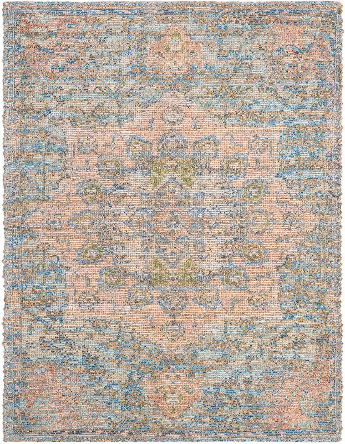 A 4x6 rectangular Rugs.com Chenille Jute rug featuring a modern medallion pattern in blue, peach, and hints of green.
