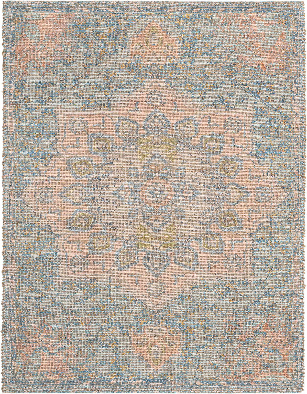 A 5x8 rectangular Chenille Jute rug in blue and peach with a modern medallion pattern, suitable for an entryway or living room.