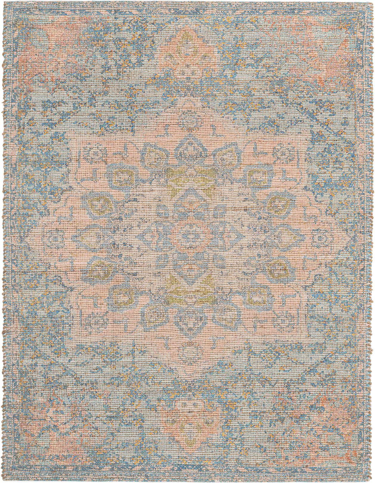 A 6x9 rectangular Rugs.com Chenille Jute rug featuring a modern medallion pattern in blue and peach tones.