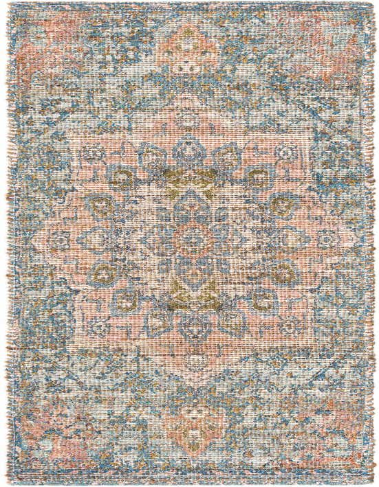 A flat-lay view of an 8 ft runner rug featuring a distressed modern medallion pattern in blue, peach, and hints of gold on a natural jute background.