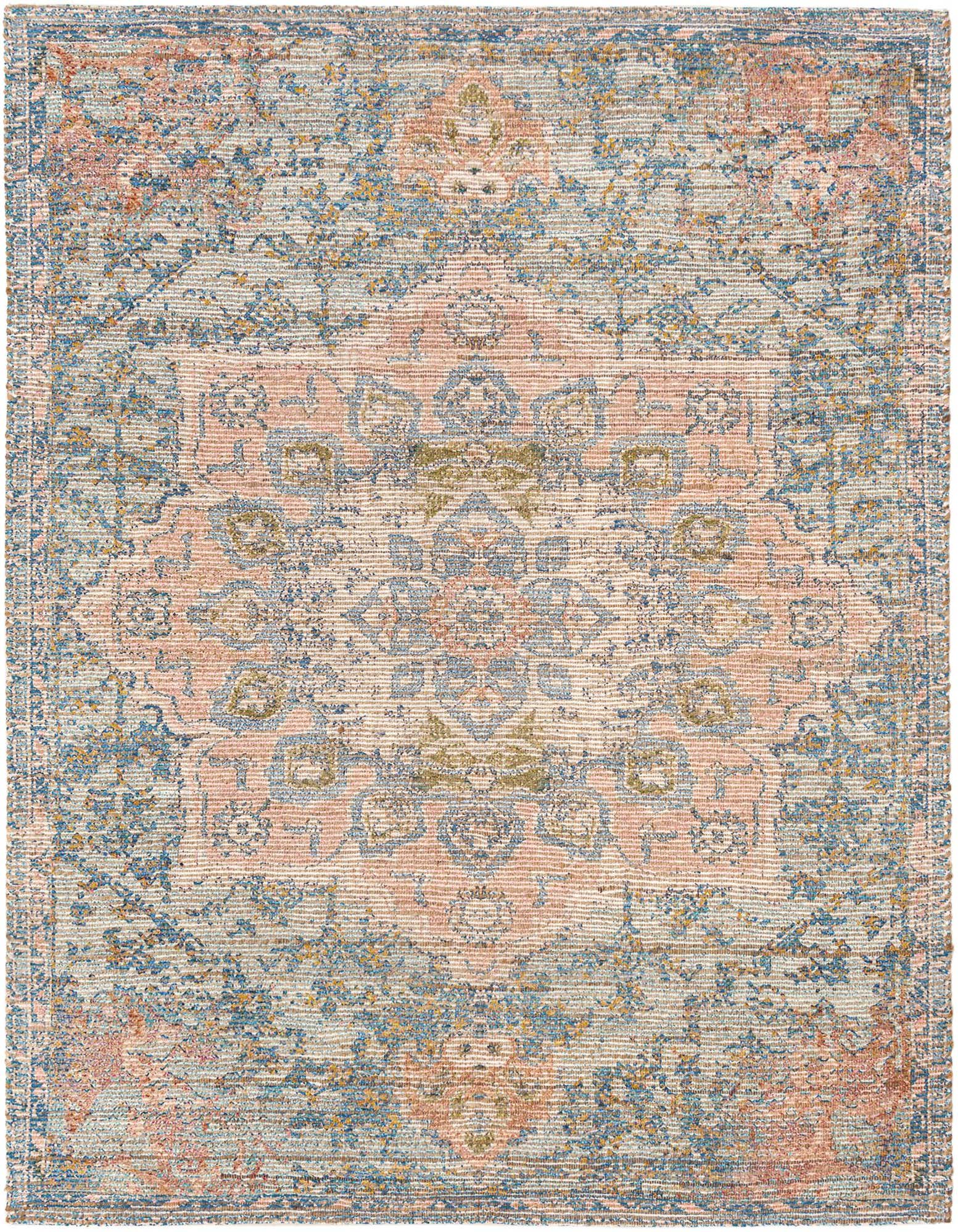 A square 7' 10 x 7' 10 blue and peach modern medallion area rug with a flat pile, suitable for indoor use.