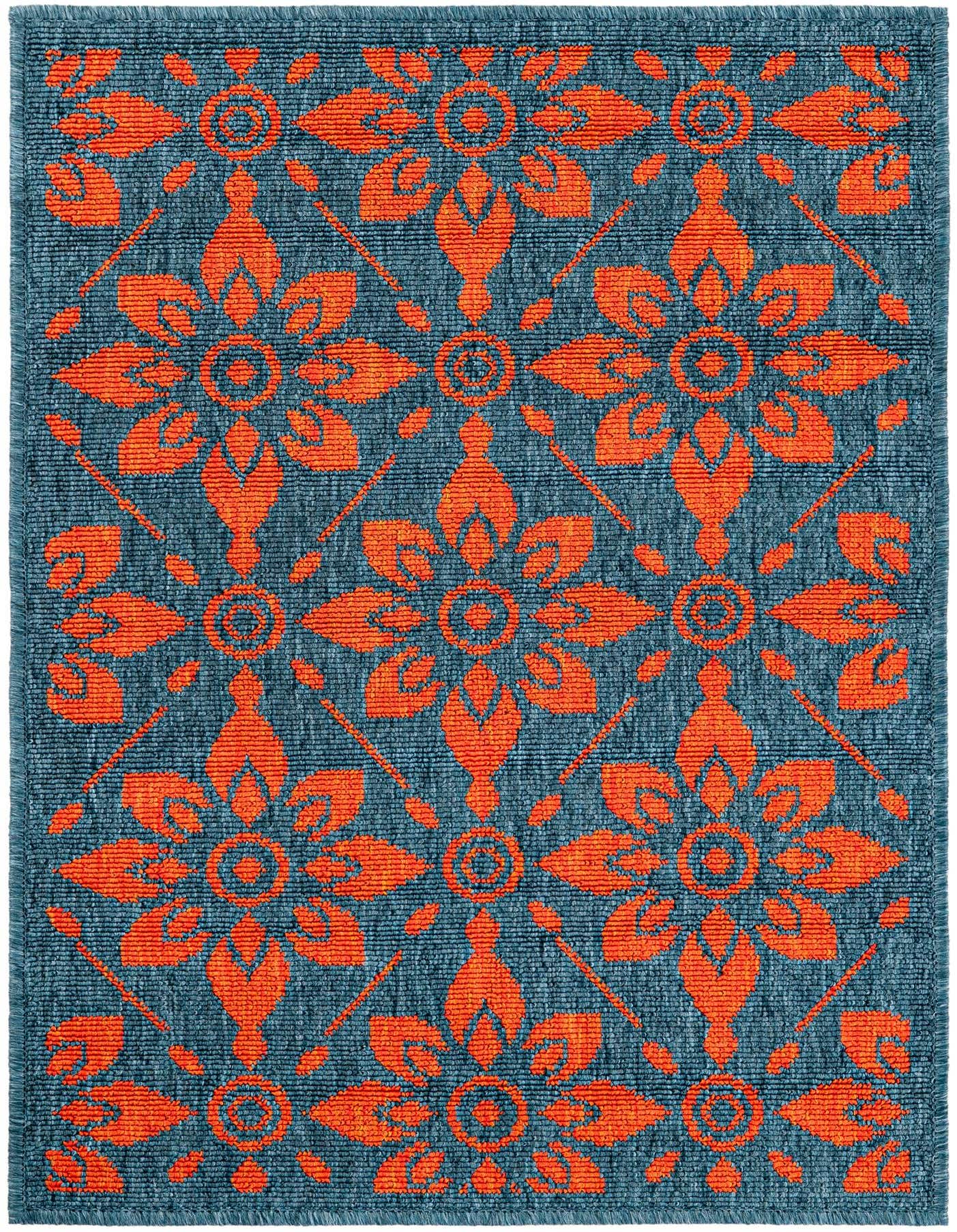 A 2x3 rectangular Rugs.com Outdoor Lattice rug featuring a vibrant blue background with a repeating modern floral pattern in bright red-orange.
