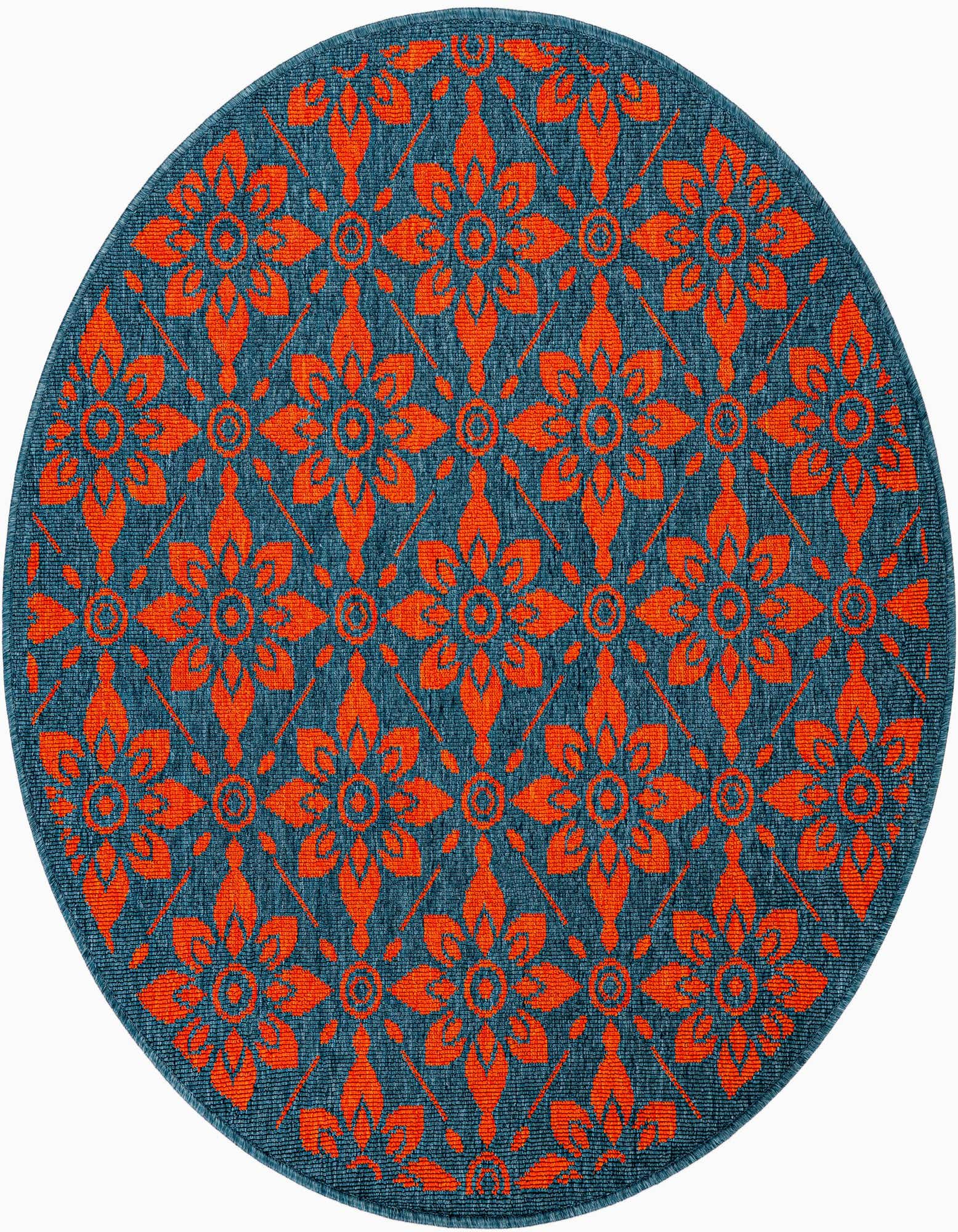 A 4' round blue and red rug with a modern floral lattice pattern, suitable for indoor or outdoor use.