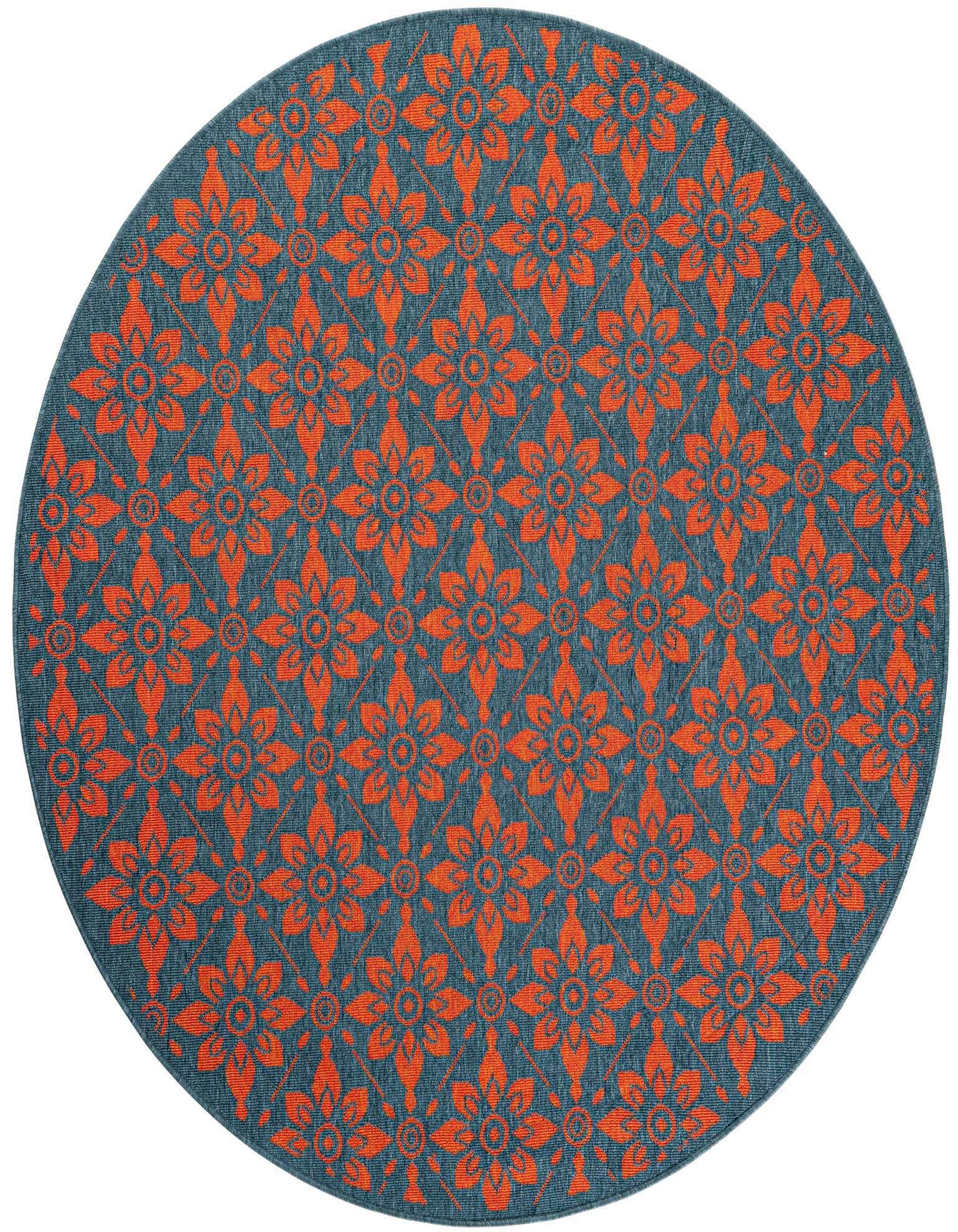 A 6' round blue and red modern floral outdoor rug, perfect for a patio or deck.