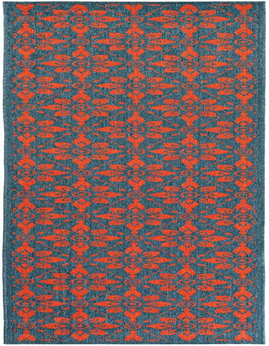 A 10 ft runner rug featuring a modern floral pattern in vibrant red against a deep blue background.