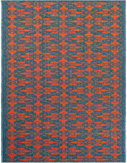 A 12 ft runner rug featuring a modern floral pattern in vibrant red against a deep blue background, suitable for indoor or outdoor use.