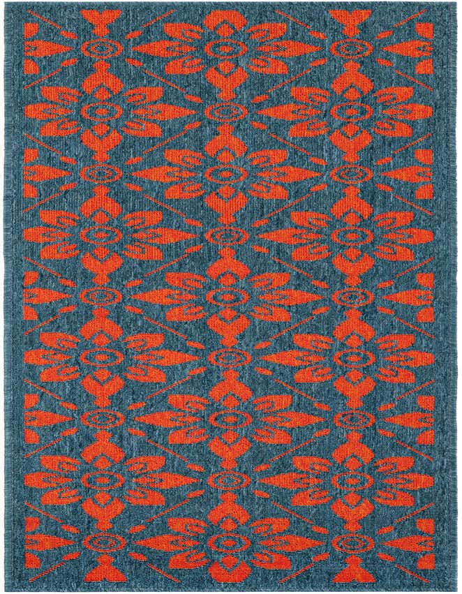A 6 ft runner rug with a modern floral pattern in vibrant red on a deep blue background, suitable for indoor/outdoor use.