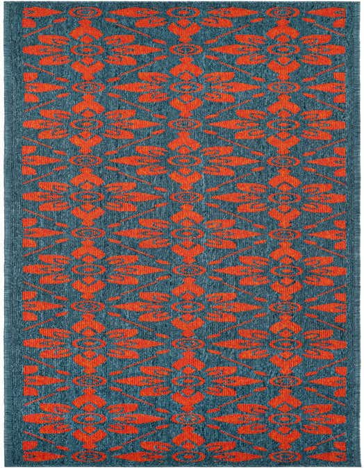 A vibrant 8 ft runner rug with a modern floral pattern in bold orange against a deep blue background, suitable for indoor or outdoor use.