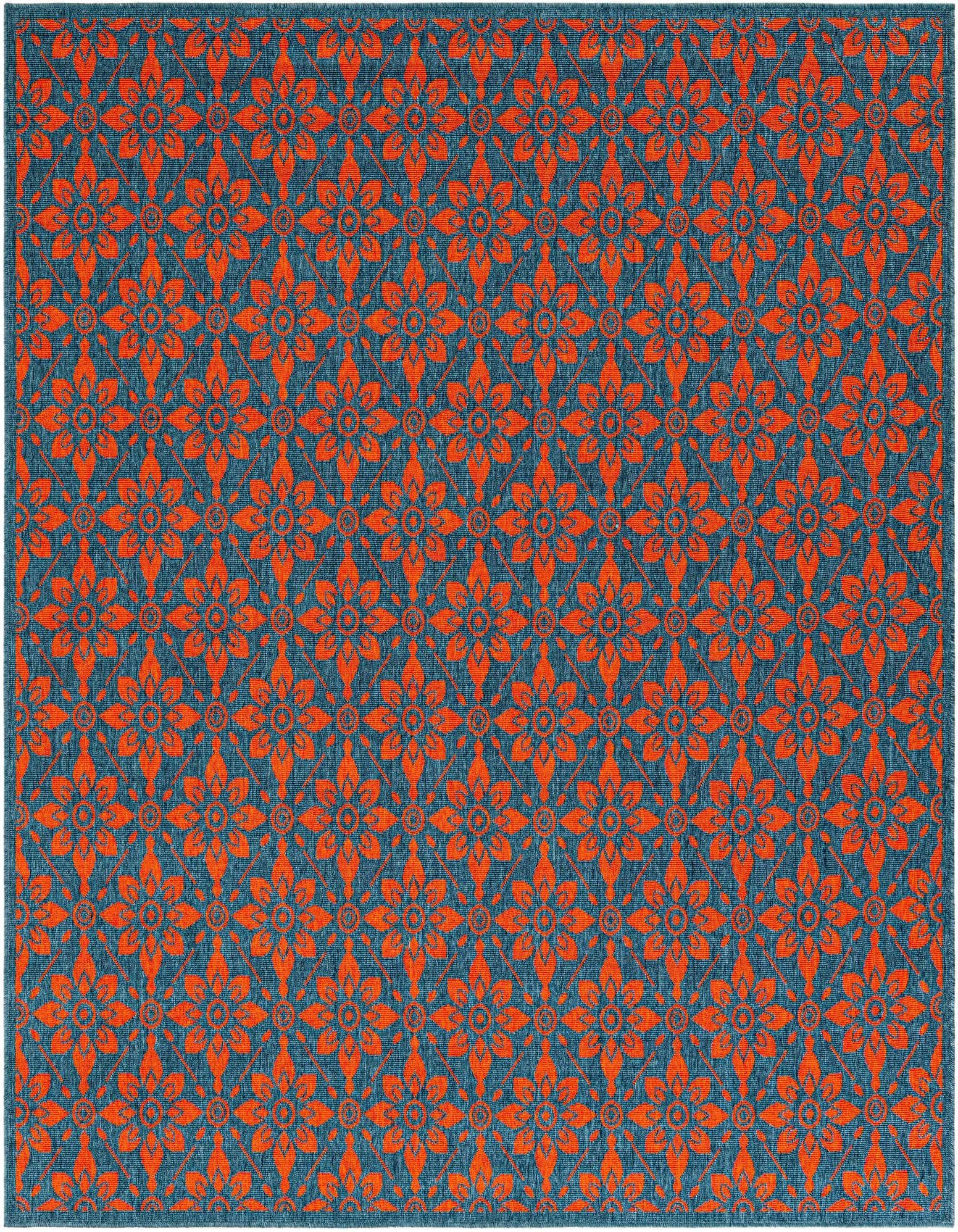 A 7' 10 x 7' 10 square blue and red modern floral rug with a flatweave texture, suitable for indoor or outdoor use.