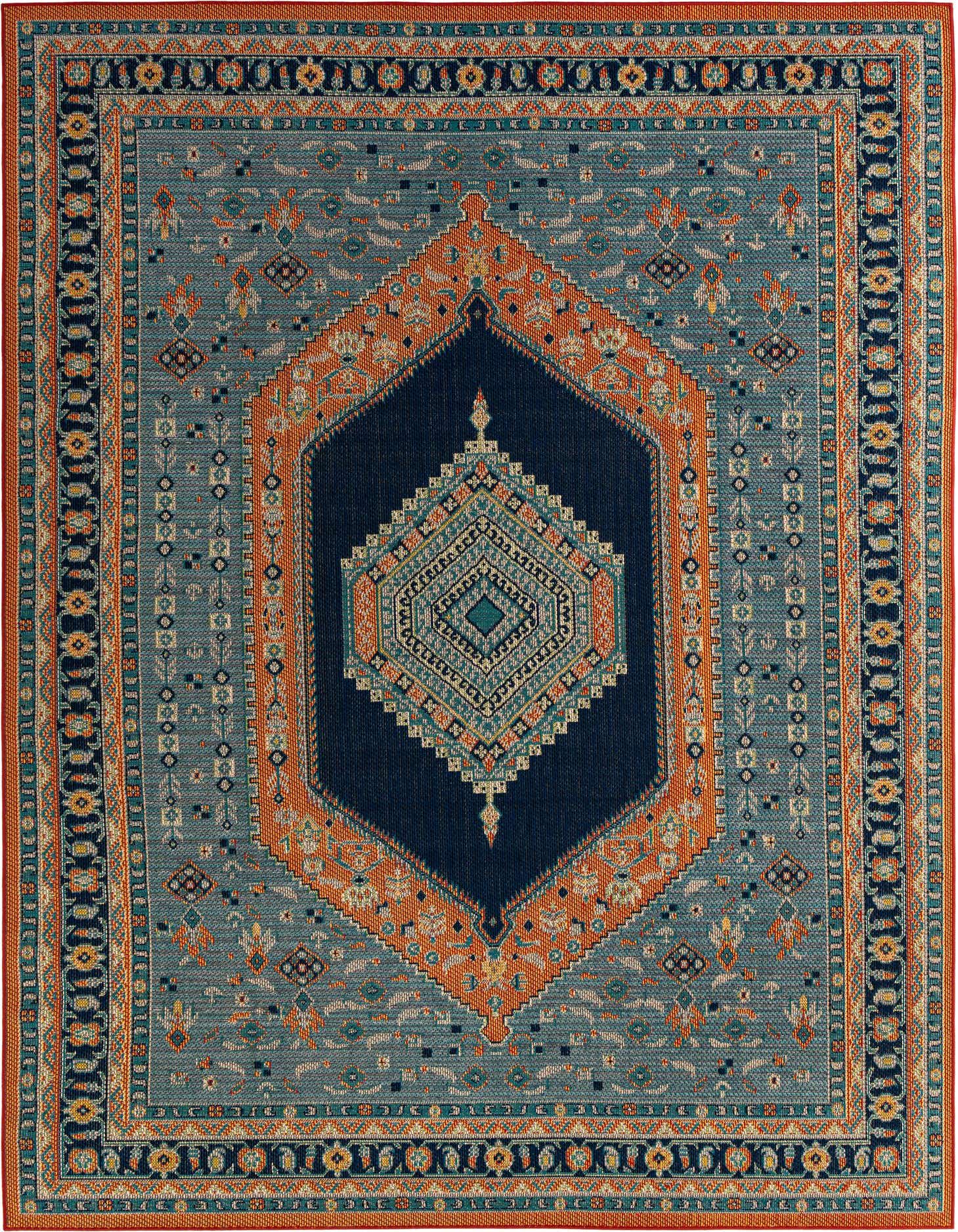A 9x12 rectangular Baja Outdoor rug featuring a modern blue and rust red pattern with a central medallion.