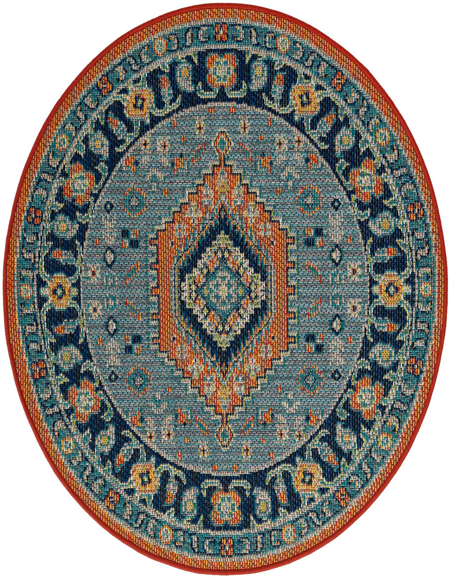 A 4' round blue and rust red modern outdoor rug with a central geometric pattern and a decorative border.