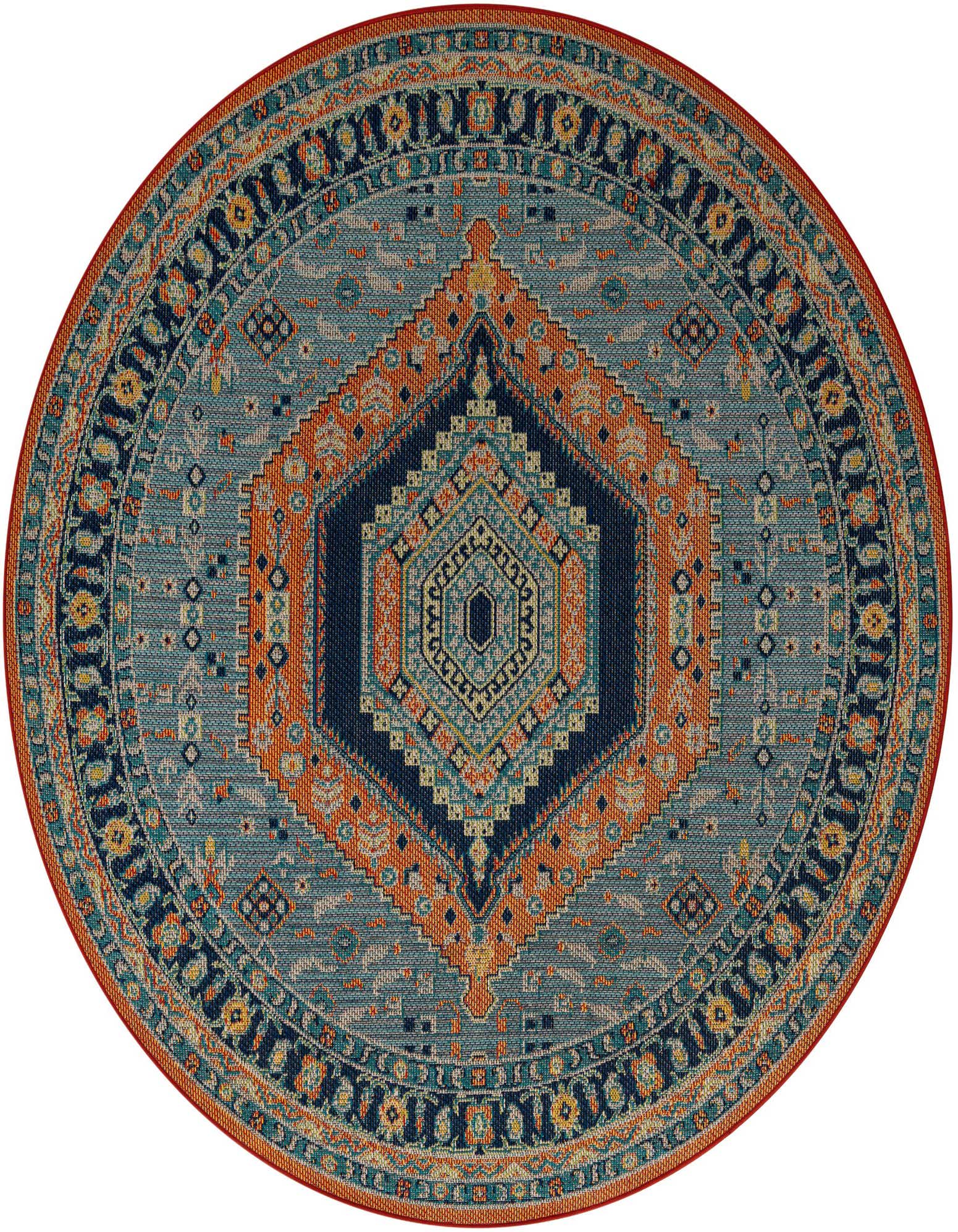 A 7' 10 round blue and rust red outdoor rug with a traditional medallion pattern.