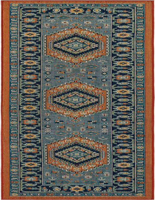A 10 ft runner rug in blue and rust red with a traditional medallion pattern, ideal for a hallway or patio.