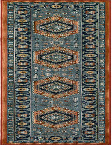 A 12 ft runner rug with a traditional medallion pattern in blue, rust red, and orange, ideal for hallways or patios.