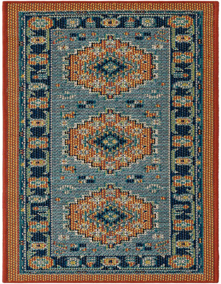A 5 ft runner rug with a blue background, rust red border, and orange, blue, and yellow traditional medallion patterns.