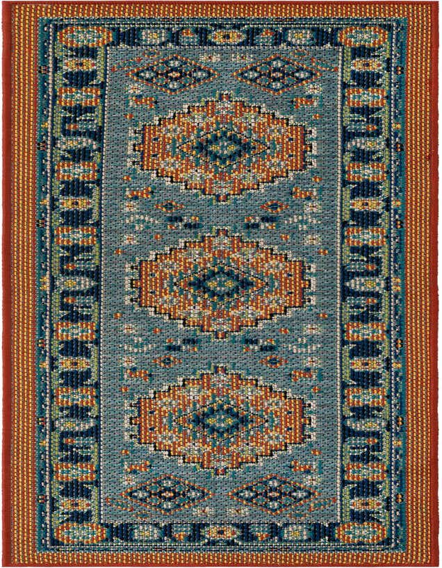 A 6 ft runner rug with a traditional medallion pattern in shades of blue, rust red, orange, and teal, perfect for a hallway or patio.