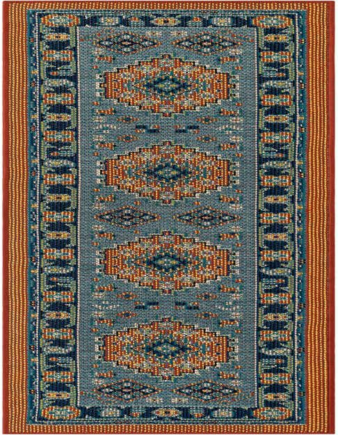 A blue and rust red modern oriental runner rug with geometric patterns, suitable for a hallway or patio.