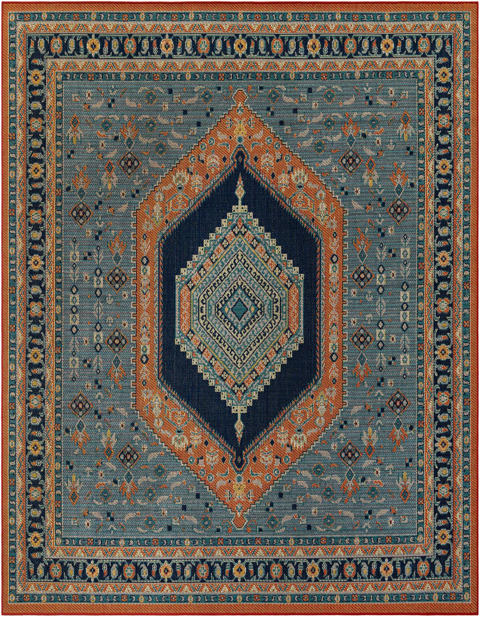 A 10'x10' square Baja Outdoor rug featuring a traditional blue and rust red medallion pattern, ideal for a patio.