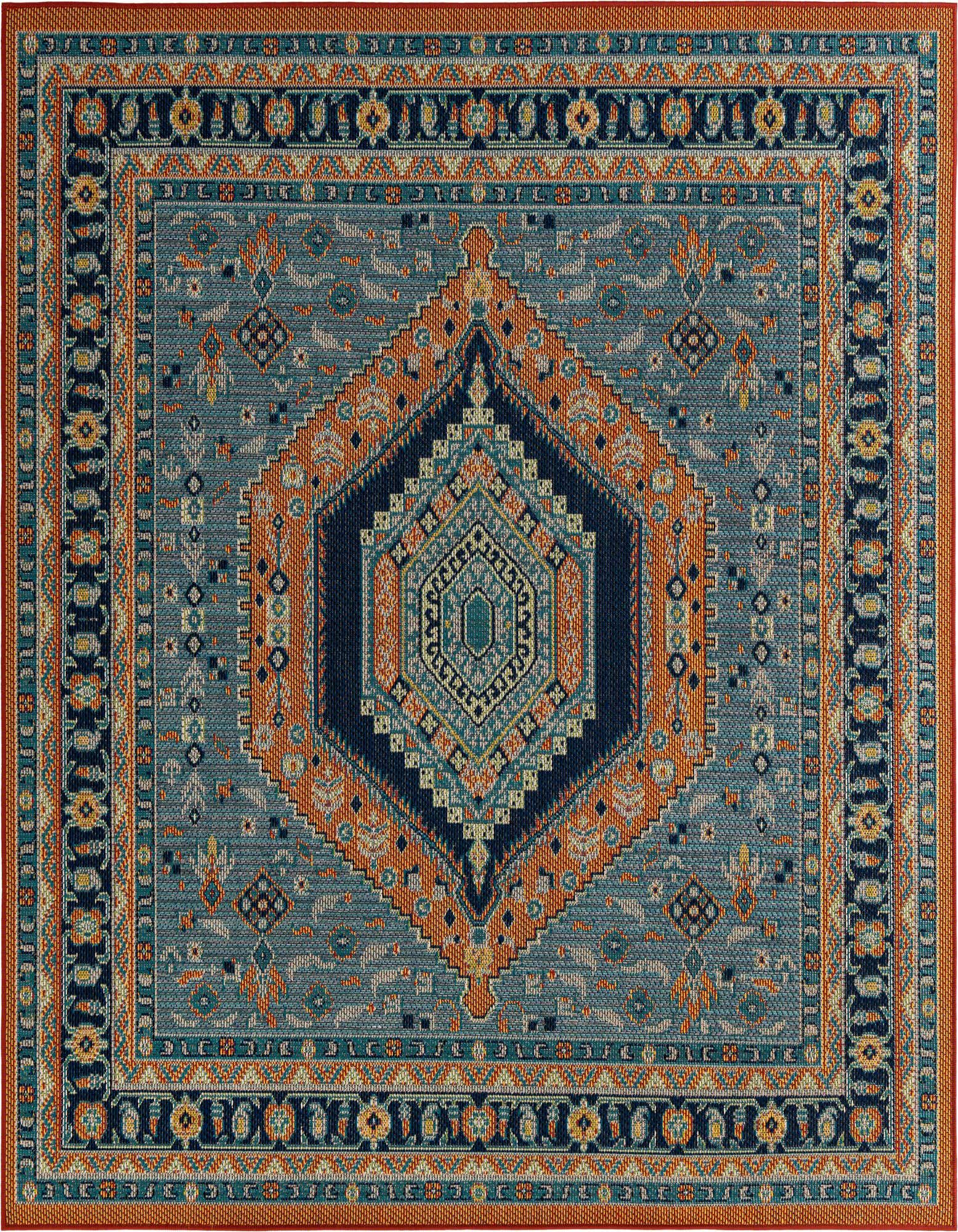 A square Baja Outdoor rug in blue and rust red with a traditional medallion pattern, ideal for a patio.