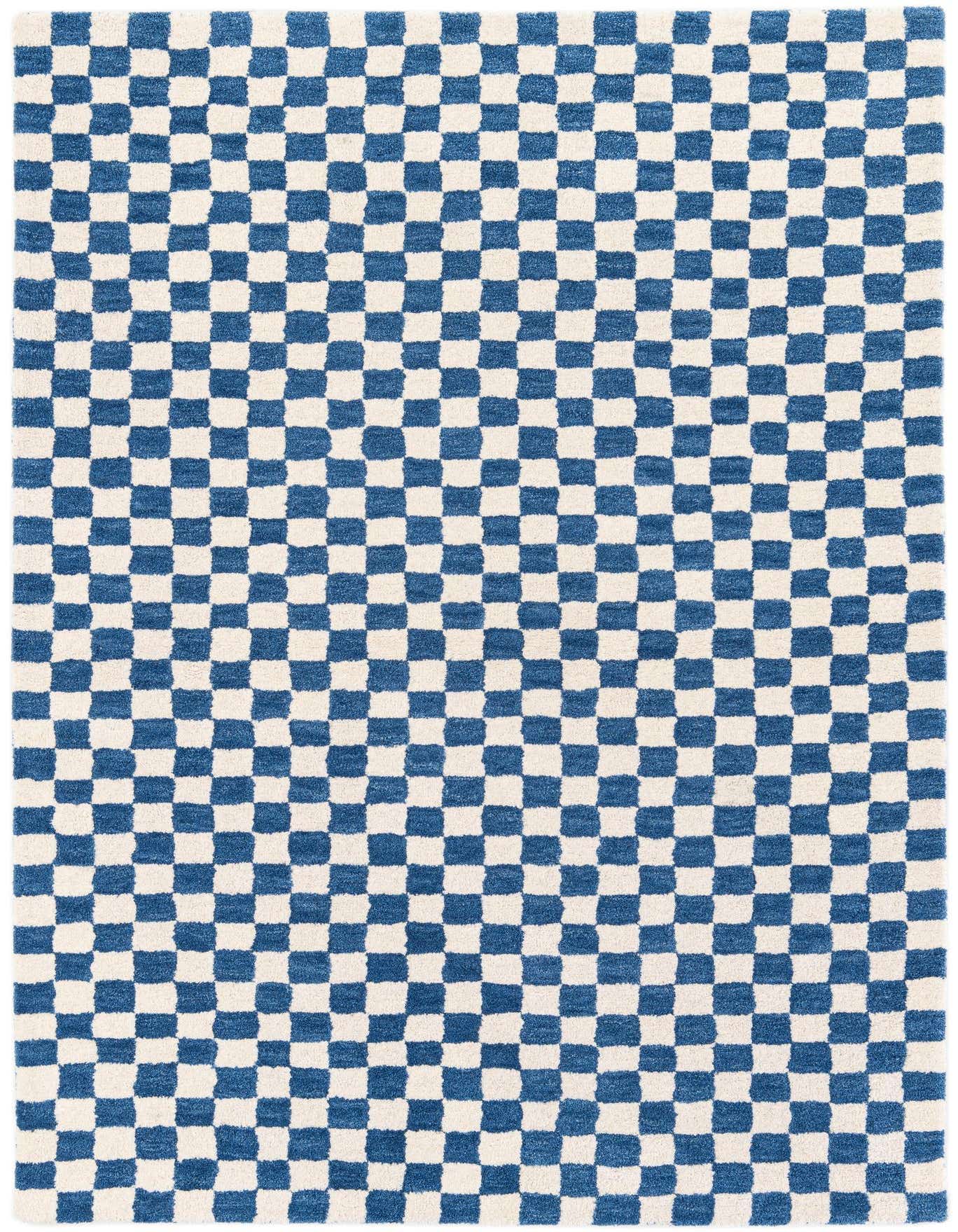 A 4x6 rectangular blue and white checkerboard wool rug with a high pile, perfect for a modern living room.