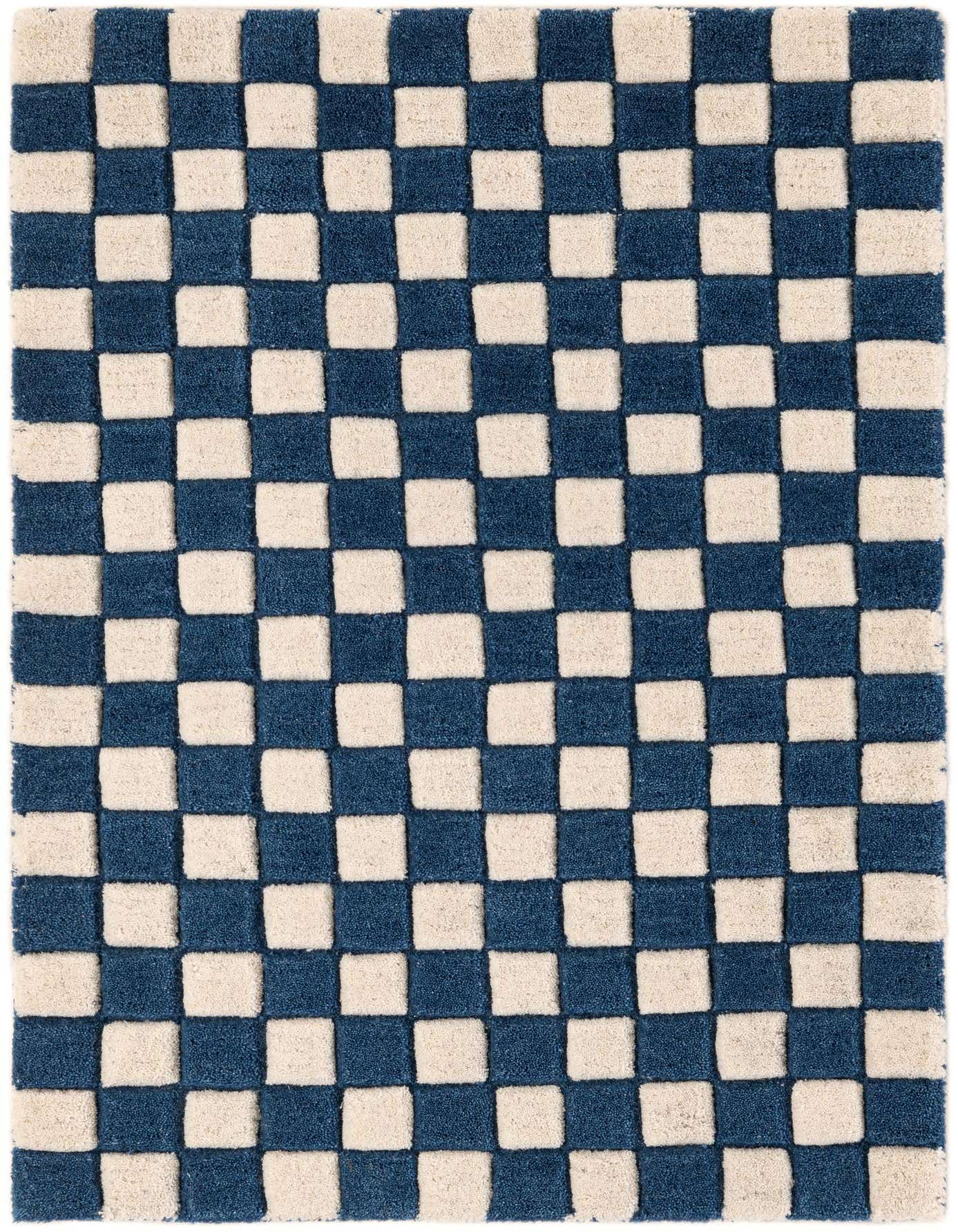 A 2x3 rectangular Rugs.com Hand Tufted Wool rug featuring a bold blue and white checkerboard pattern with a high, textured pile.