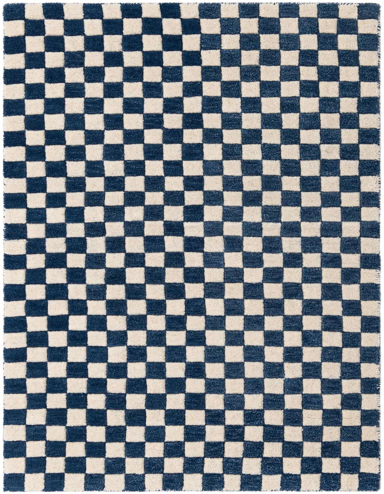 A 3x5 rectangular blue and white checkerboard wool rug with a high pile, perfect for a living room.