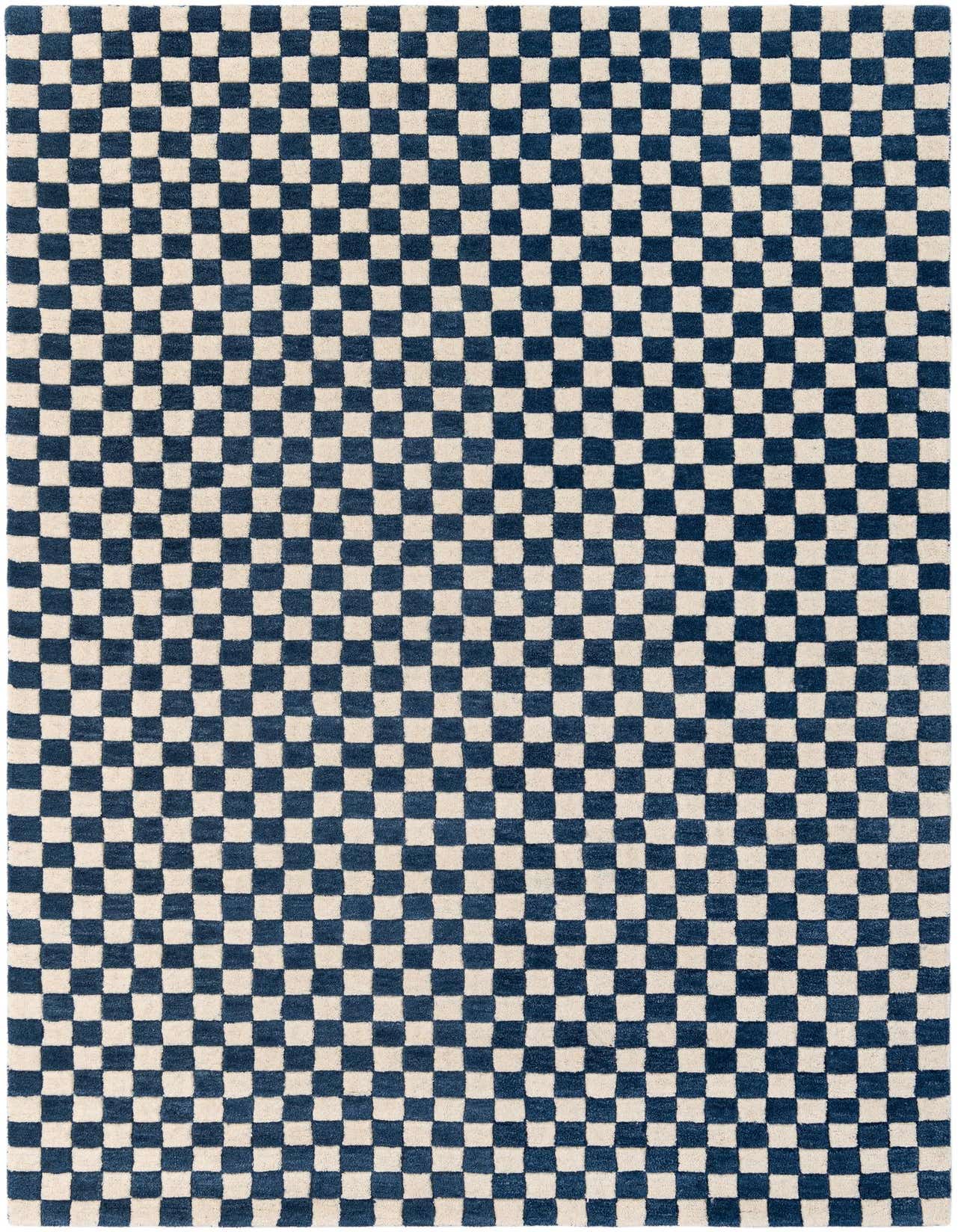 A 5x8 rectangular blue and white checkered rug with a high pile, perfect for a living room.