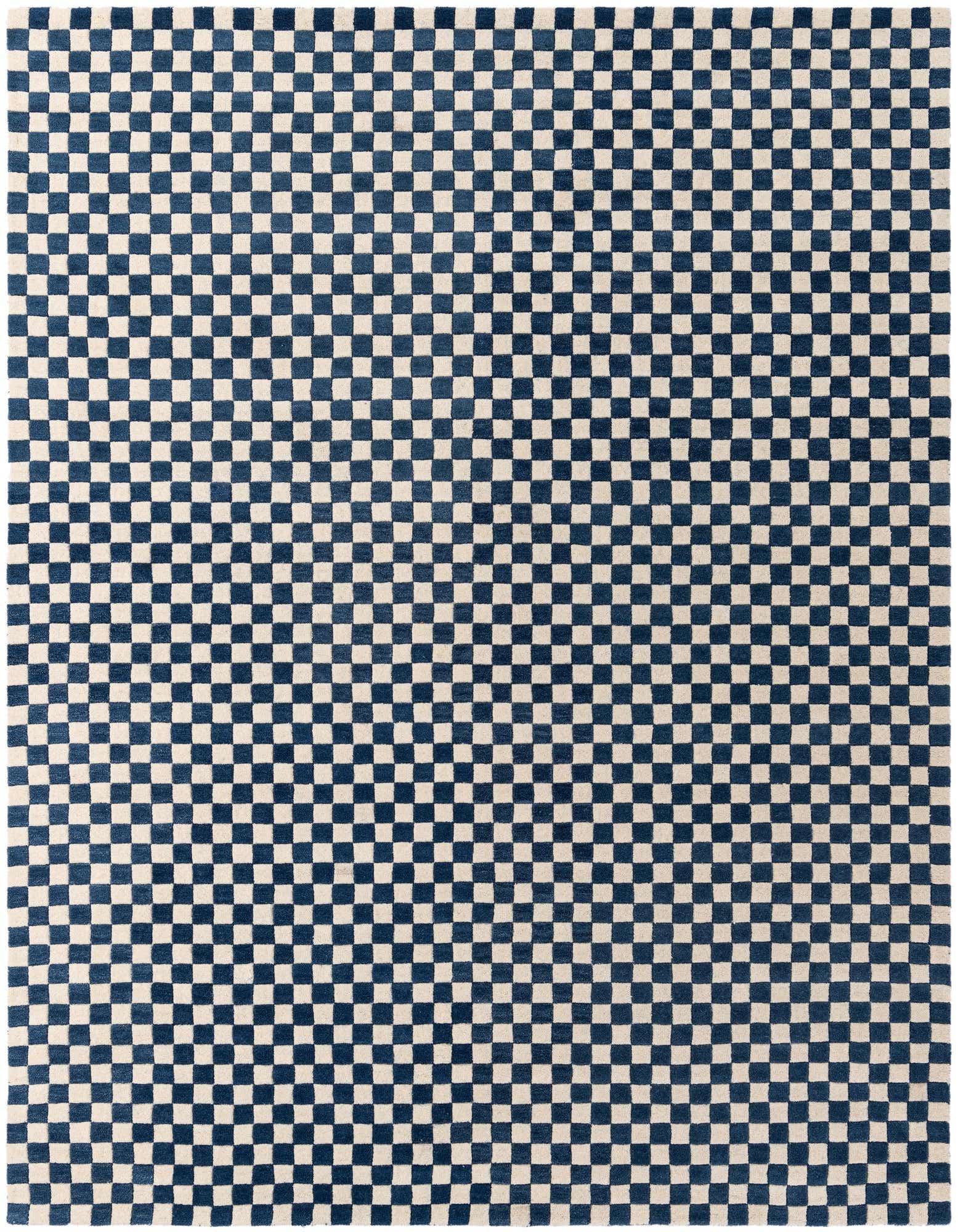 A rectangular 8x10 blue and white modern wool area rug with a checkerboard pattern, suitable for a living room.