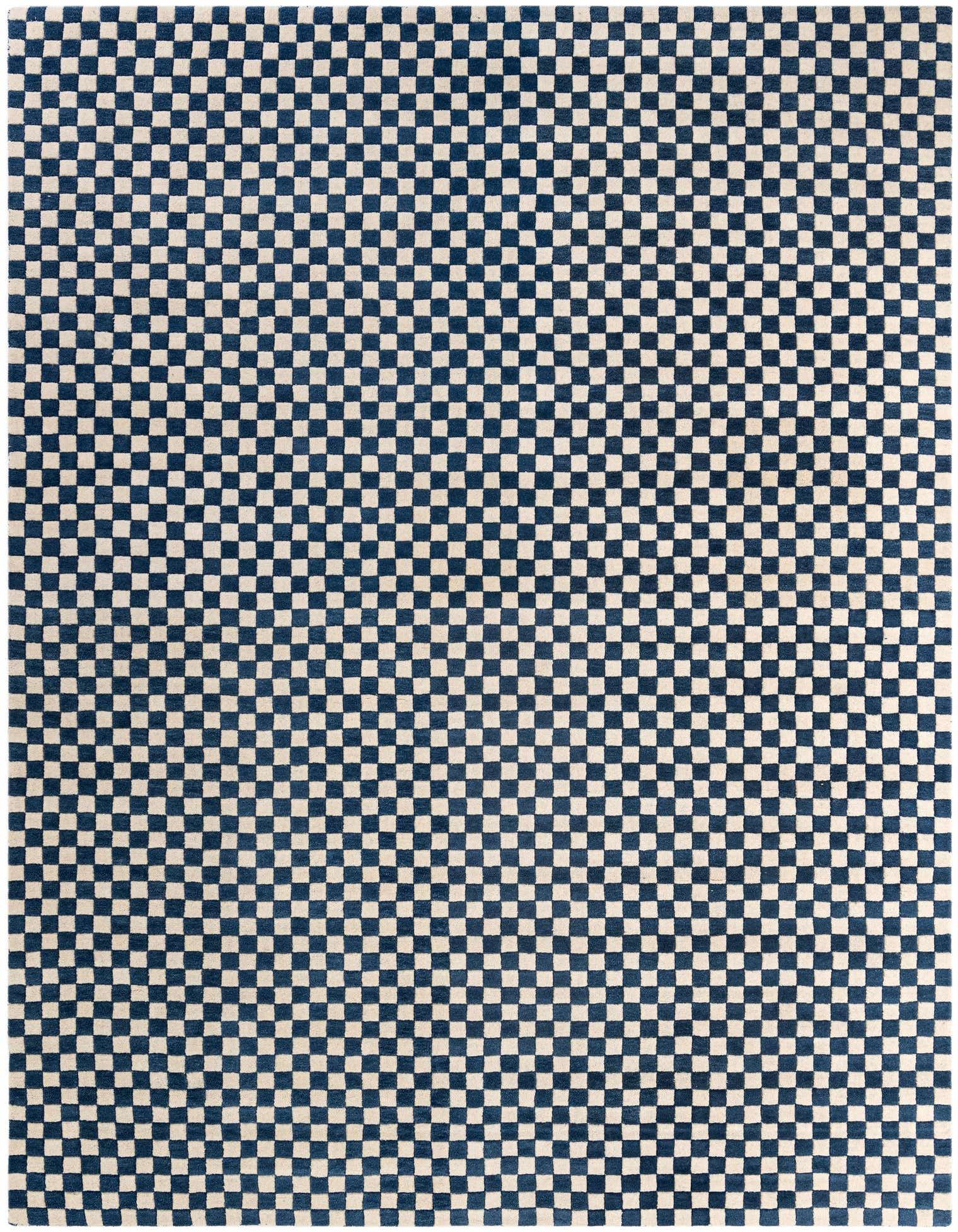 A 9x12 rectangular modern area rug featuring a dense checkerboard pattern of small blue and white squares.