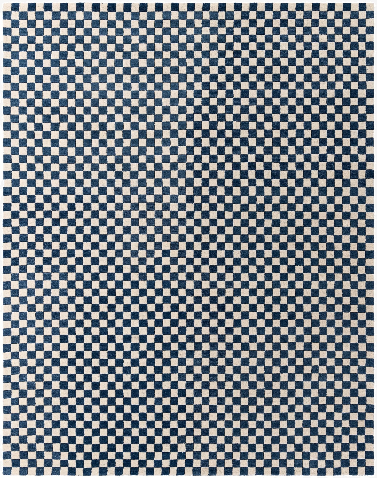 A rectangular 8x10 blue and white modern wool area rug with a checkerboard pattern, suitable for a living room.