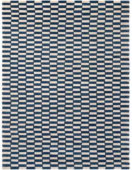 A 12 ft runner rug with a modern blue and white checkerboard pattern, featuring a high, textured wool pile.