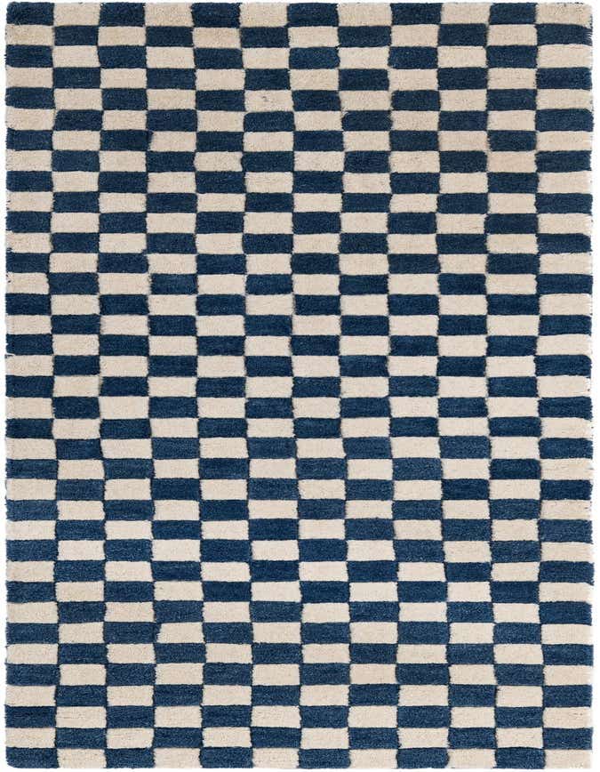 A 6 ft runner rug featuring a modern checkerboard pattern in alternating squares of deep blue and creamy white, with a high, textured pile.